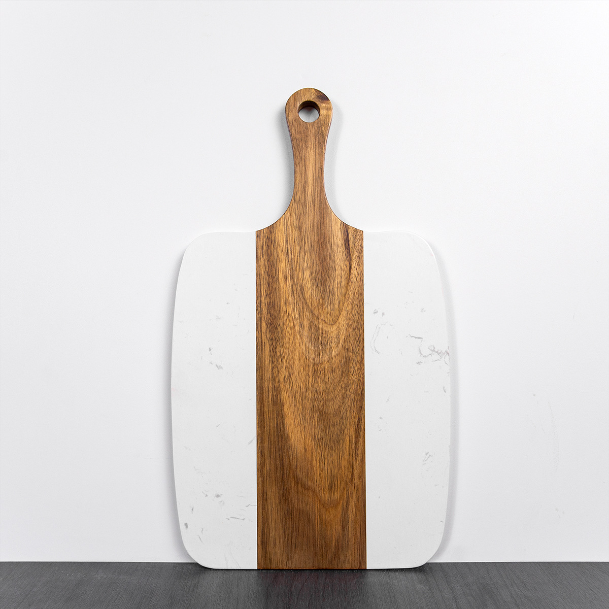 Acacia Wood and Marble-Effect Rectangular Serving Board with Handle – Modern Minimalist Cheese Platter
